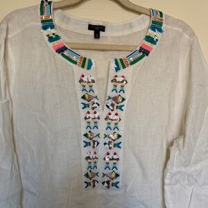 Talbots white linen Blouse tunic with sea fish  Embroidery sequins sz 2X
